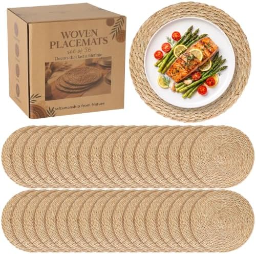 36 Pack 13.8IN Round Woven Placemats, Natural Bulrush Boho Farmhouse Mats by COSINIA