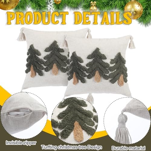 Mixweer 2 Pack Green Tufted Christmas Tree Pillow Covers 18 x 18 Inch Farmhouse Winter Throw Pillowcases with Tassels Green Tree Decorative Cushion Covers for Sofa Couch Holiday Party Home Decor - Image 3