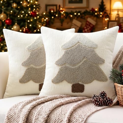Artscope Chenille Christmas Tree Throw Pillow Covers 20x20 Set of 2-Beige by Artscope