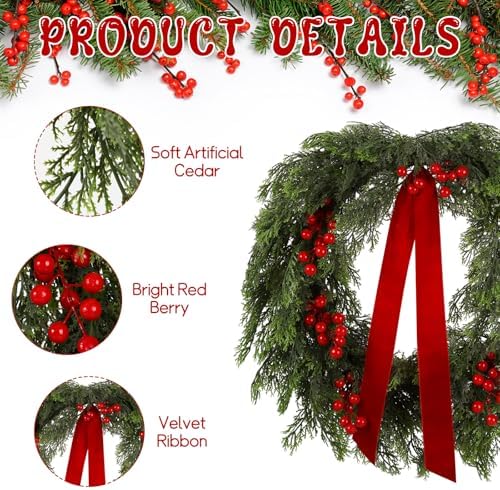 Suncalla 24'' Artificial Cedar Wreath for Front Door Christmas Wreaths Faux Cedar Decorated with Berry and Ribbons Xmas Wreath for Indoor Window Holiday Decor - Image 3