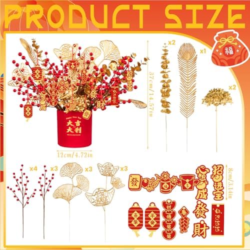 Demonwer Chinese New Year Artificial Potted Plant Luck Bucket Red Fruit and Gold Leaves Artificial Potted Flower Spring Festival Flower Blessing Bucket for Indoor Home Office Shelf Tabletop Decor - Image 2