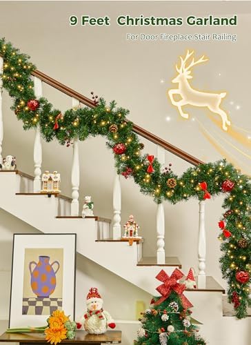 Christmas Garland with Lights, 9Ft Prelit Garland, 8 Light Modes & Timer - Image 5