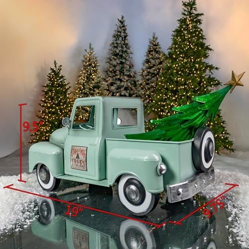 Zaer Ltd. Metal 18.5" Long Multi-Seasonal Christmas and Harvest Pickup Truck with Metal Tree, Pumpkins, and Matching Side-Magnet Sets (Soft Green) - Image 2
