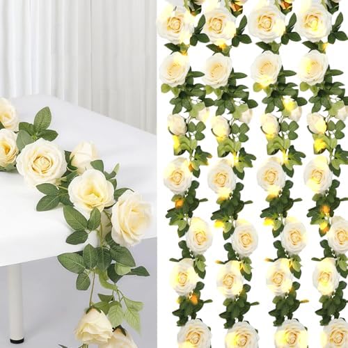 Flower Garland with Lights, 4 Packs 7FT White Floral Rose Flower Eucalyptus Garland Decor, Artificial Faux Leaves Greenery Vines for Table Runner Wedding Centerpieces Backdrop Decor (Warm Color) by Unknown