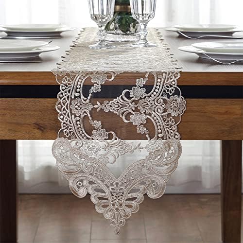 Lace Table Runner Dresser Scarf, Macrame Floral Embroidered Vintage Exquisite Floral Table Runners for Dining Wedding Holiday Party (Champagne, 10x98 inch) by Jeloris