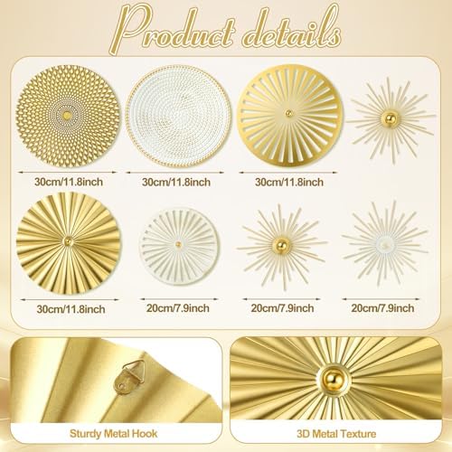 Lingvee White Gold 8 Pcs Wall Decor Round Modern Metal Plate Art - Image 3