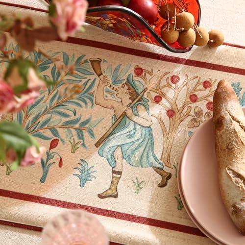 patdrea Designer Idyll Linen Table Runner, Vintage Beige Farmhouse with Ancient Spring Figure and Animal Pattern Table Mat, Decoration for Kitchen Dining Banquet Christmas ,12"*87" - Image 3