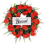 Red Artificial Geranium Wreath, 22 Inch Spring Summer Wreaths for Front Door with Blessed Hanging Sign, for Rustic Farmhouse Decor for Entryway, Porch, Balcony Decor - Image 2