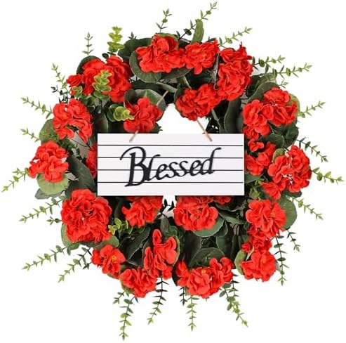 Red Artificial Geranium Wreath, 22 Inch Spring Summer Wreaths for Front Door with Blessed Hanging Sign, for Rustic Farmhouse Decor for Entryway, Porch, Balcony Decor - Image 2