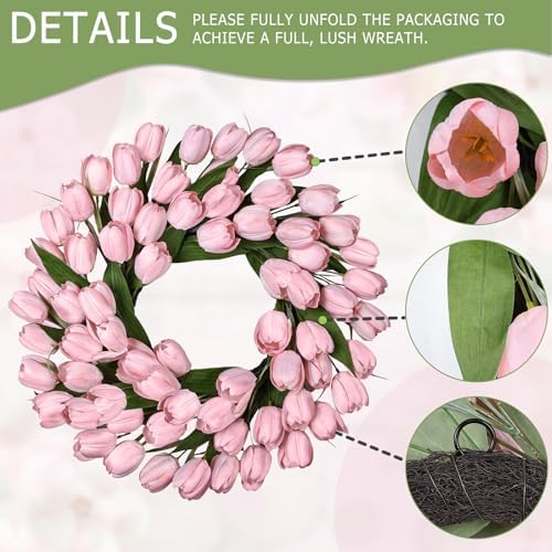 24 Inch Tulip Summer Wreath for Front Door Spring Silk Wreath with Green Leaves Artificial Tulip Flower Wreaths for All Seasons Farmhouse Porch Wall Living Room Home Widding Decor - Image 2
