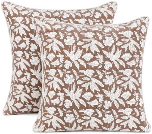 Ridhi Block Print Oak Brown Cotton Pillow Cover 24" x 24" (Set of 2) by Ridhi