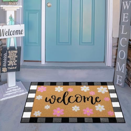 Tinideya 2 Pcs Spring Door Mat Outdoor Layered Pink Flower Welcome Mat - Image 6