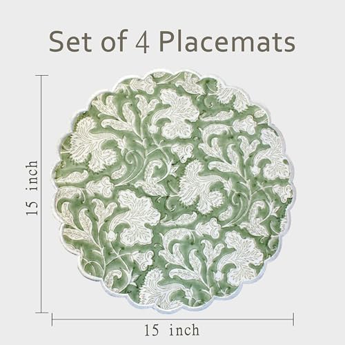 Ridhi Bo-ho Round Place Mat Double Layer Floral Cotton Washable Placemats 15" Round Embroidery Block Print Table Mat (Pack of 4-15 Inch Round, Sage Green) - Image 4