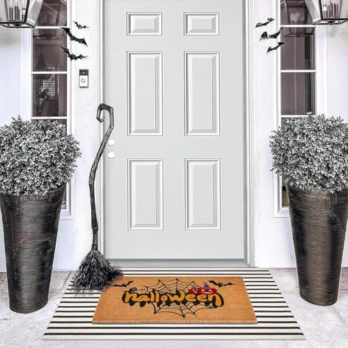 Halloween Welcome Door Mat Combo Set, Spider Web Coco Coir Doormat -3'x5' Black and White Striped Rug, Autumn Front Porch Entryway Decor Floor Mat - Image 3