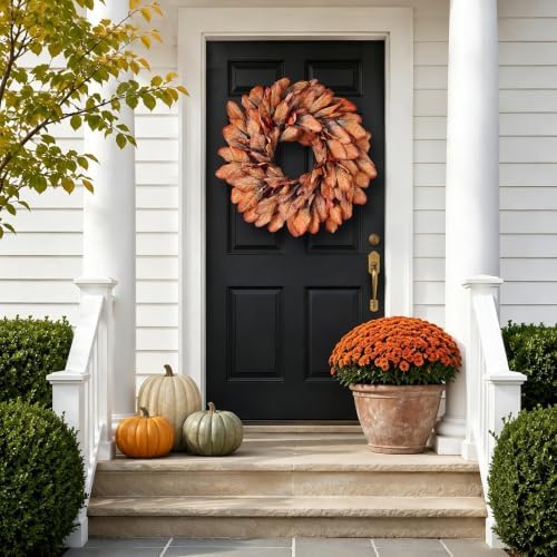 26" Artificial Fall Magnolia Leaf Wreath for Front Door Decoration (Orange) - Image 3