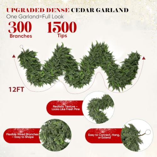 12FT Thick Christmas Garland with 300 Cedar Branches, Real Touch Green Cedar Garland for Christmas Decorations, Artificial Greenery Garland for Table, Mantle, Wall, Indoor, Outdoor Holiday Decor - Image 2