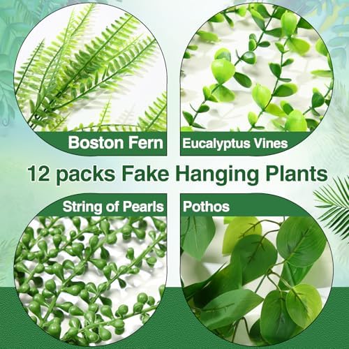 Daifunli 12 Pcs Artificial Hanging Plants Fake Hanging Ferns Plastic Faux Plants for Wall Room Garden Garland Indoor Outdoor Decor No Basket (Boston,Eucalyptus,Ivy Vine,String of Pearls) - Image 3