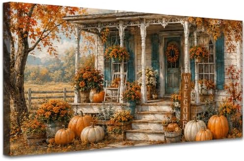 WAXWHELK Fall Farmhouse Canvas Wall Art, Autumn Rustic Farmhouse Pumpkin Porch Welcome Sign Painting Pictures, Thanksgiving Artwork for Living Room Bedroom Home Decor (20"x40") by Unknown
