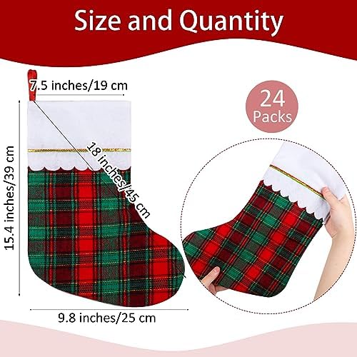 Fovths 24 Pack 18 Inch Red Green Buffalo Plaid Christmas Felt Stockings with White Plush Trim Large Red Buffalo Plaid Fireplace Hanging Stockings for Family Holiday Decoration Christmas Party Favors - Image 2