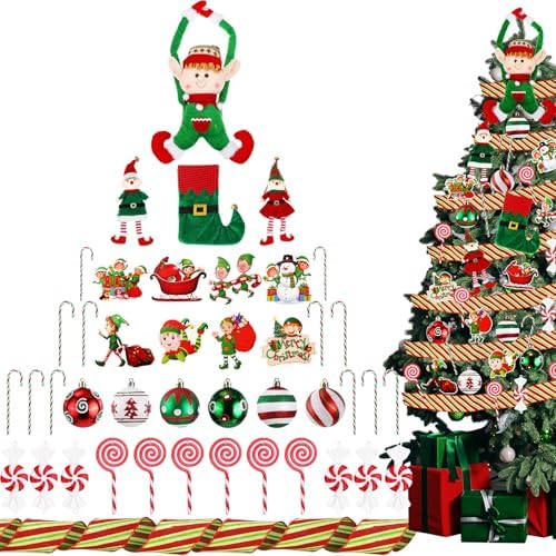 43 Pcs Elf Christmas Tree Decorations Elf Christmas Tree Hanging Ornaments Topper Candy Ball Pendant Red White Green Hanging Ornaments for Holiday Party Decoration by JaaMiin