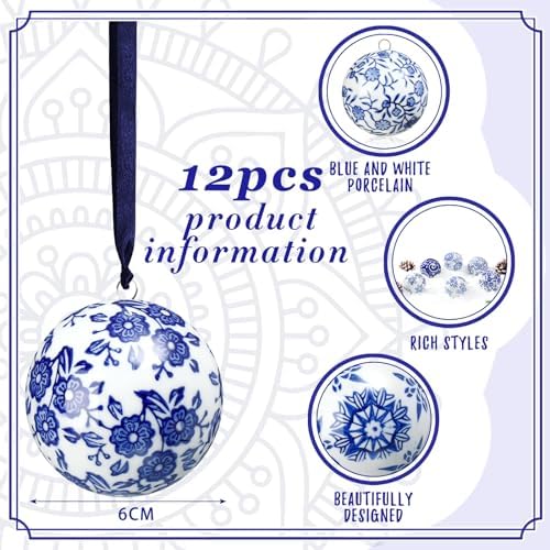 Cindeer 12 Pcs Blue and White Christmas Porcelain Balls, Elegant Style - Image 2