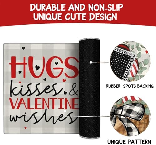 Valentines Day Kitchen Mat Set 2 Piece,Valentine's Day Buffalo Plaid Polka Dot Stripes Love Hearts Kitchen Rugs,Valentines Eucalyptus Leaves Low-Profile Mats for Home Kitchen Decor 17"x48"+17"x30" - Image 7