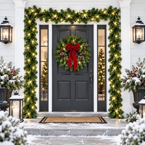 9FT Christmas Garland with Lights, Prelit Lighted Christmas Decorations for Mantle Fireplace Table Stairs,Green Garland Winter Indoor Outdoor Vintage Xmas Home Door Holiday Decor - Image 3