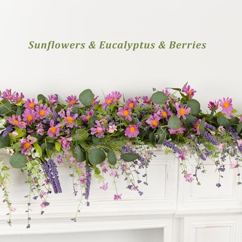 Summer Garland, 6ft Set of 2 Eucalyptus Daisy Wildflower Vine - Image 3