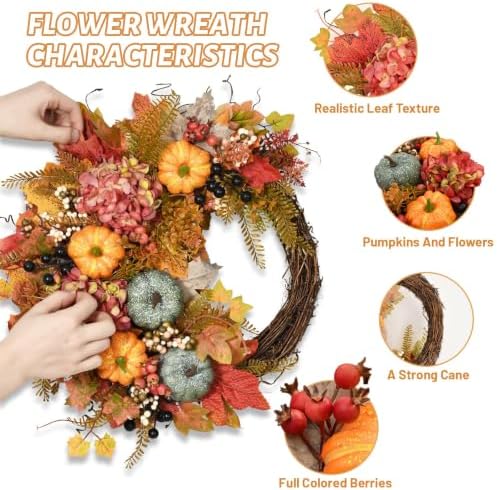 Fall Wreaths for Front Door, Artificial Pumpkin Hydrangea Autumn Wreath - Image 6