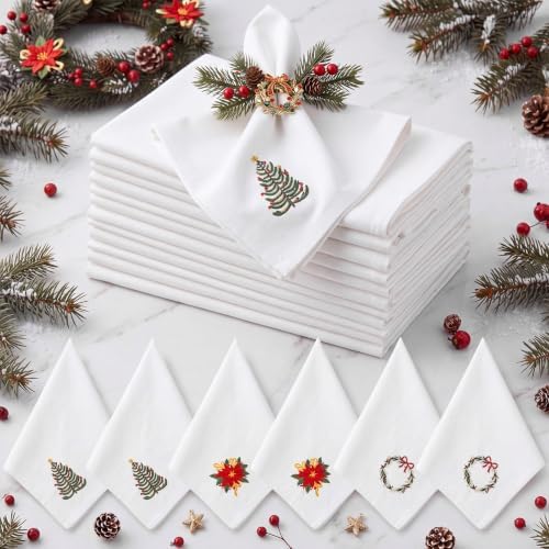 Christmas Cloth Napkins Linen Dinner Napkin, Set of 12, White by Ferrochef