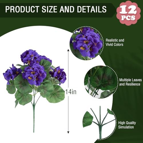 Hananona 12 Pcs Artificial Geranium Flowers for Outdoors Geranium Silk Flowers Outdoor UV Resistant Garden Plants Faux Flowers for Home Kitchen Table Centerpieces Decor (12, Purple) - Image 3