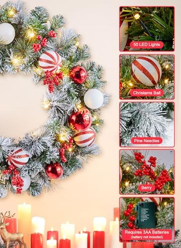 Pre-Lit Artificial Christmas Wreath 24Inch, Christmas Door Decorations Wreath with 50LED Warm Lights, Christmas Balls, Pine Needles, and Red Berries for Front Door Wall Windows X-mas Ornament - Image 3