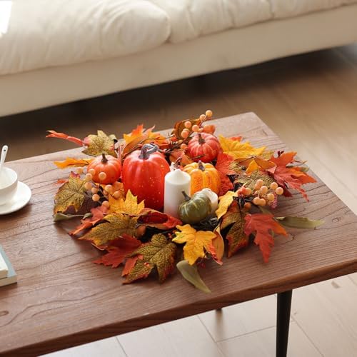 MIZII Fall Wreaths for Front Door 19 inch Yellow Fall Wreath with Artificial Maple Leaves Pumpkin Autumn Leaf Thanksgiving Halloween Harvest Door Decorations for Wall Porch Home Decor (Yellow) - Image 6