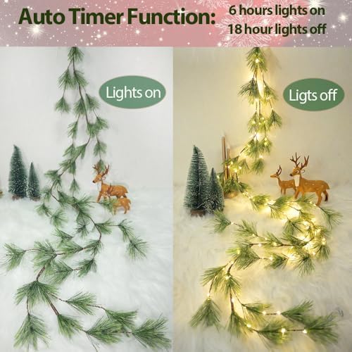 2025 New 6.56FT Christmas Pine Garland Lights 96 Warm White LED Lights 8 Flash Modes Battery Operated with Timer Lighted Smoky Pine Garland for Mantle Fireplace Indoor Home Christmas Decoration - Image 4