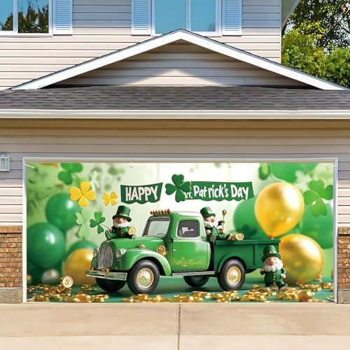 13x6 ft St. Patrick’s Day Truck Garage Door Banner - Green Truck with Shamrocks & “Happy St. Patrick‘s Day” Backdrop, Hanging Holiday Decor for March 17th Irish Party Outdoor Wall Sign by THISFIND