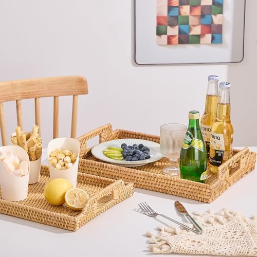 Rattan Rectangular Serving Tray with Handles, Hand-Woven Wicker Decorative Tray for Coffee Table,Vintage Boho Style Decor for Dining, Kitchen, Bathroom, Outdoor(17"x11.4"x1.9") - Image 4