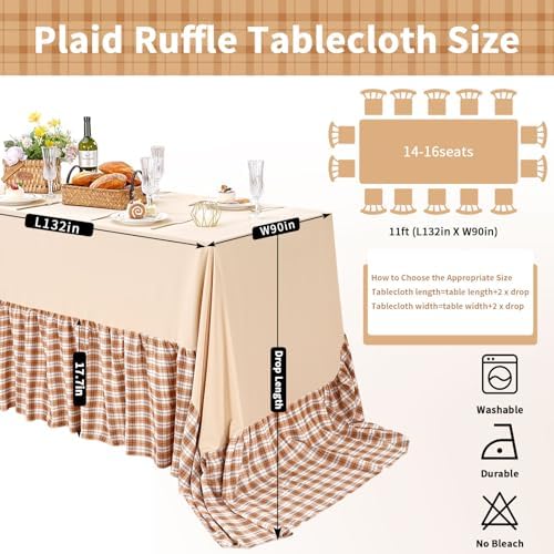 Fanqisi Brown Ruffle Table Cloth Fall Tablecloth - 90 x 132 Inch Polyester Tablecloths Rectangle Thanksgiving Table Cover for Birthday Wedding Picnic Christmas Party Decoration - Image 2