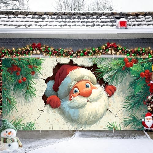Pop Out Santa Christmas Garage Door Banner 16x7 Ft - Illusion Effect for Double Car Garage Outdoor Indoor Holiday Decor by THISFIND