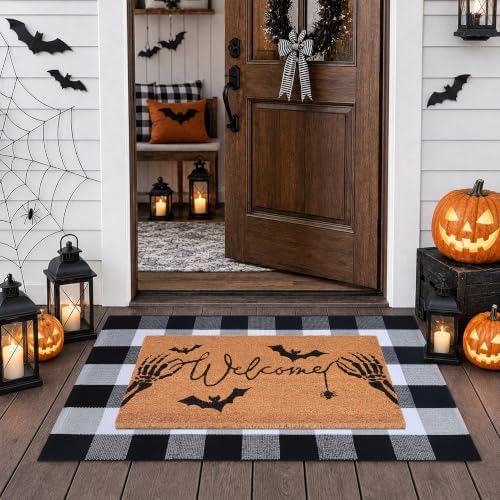 Halloween Welcome Door Mat Combo Set, Skeletal Hand Coco Coir Doormat -28" x 43" Black and White Plaid Rug, Autumn Front Porch Entryway Decor Floor Mat - Image 2