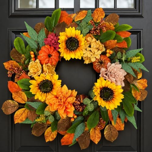 24 Inch Fall Wreath for Front Door with Pumpkins, Sunflowers & Berries by Rotroyce
