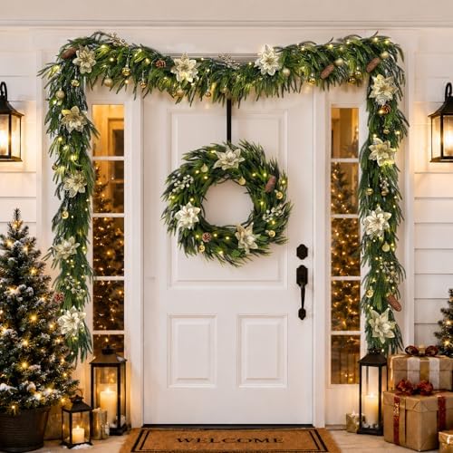 N&T NIETING 9FT Christmas Prelit Norfolk Pine Garland with Light Christmas Flowers Balls Berries Pine Cones Real Touch Pine Christmas Garland for Tables Mantle Fireplaces Stairs Xmas Decorations - Image 5