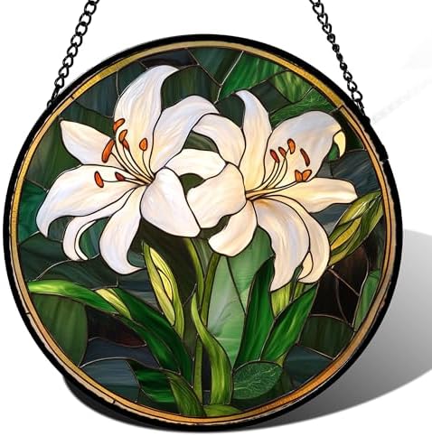 White Lily Flower Leaves Stained Glass Window Hanging Suncatcher Gifts 9.8" by Follow