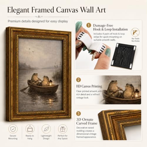 Gold Framed Two Frogs Boat Wall Art, Cottagecore Canvas Print, 24x16 - Image 2
