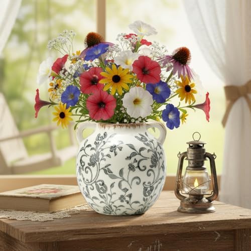 Gray Vintage Antique Vase, 5.6 Inch All Seasons Chinoiserie Floral Vase, Rustic Ceramic Vase for Home Decor, Living Room, Bookshelf, Office, Entryway, Garden, Chinoiserie Decor, Tuscan Decor - Image 7