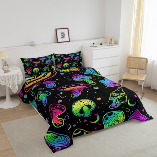 Ombre Mushroom Bedding Sets Full Trippy Mushroom Comforter For Kids Girls Boys Women Cartoon Tie Dye Down Comforter Colorful Cute Mushroom Quilt Set Gradient Heart Pattern Quilted Comforter, Black - Image 2
