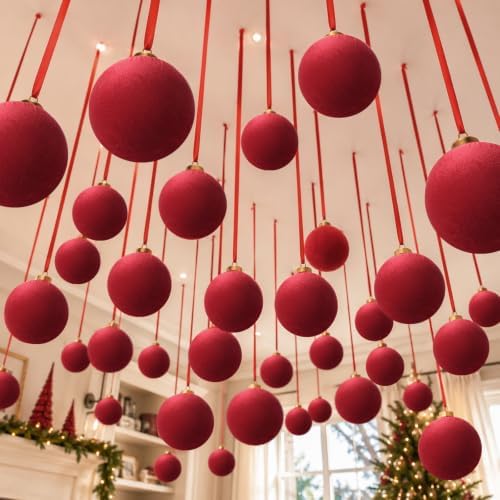 ZenNex 48 Pcs Velvet Christmas Balls Bulk, Flocked Xmas Tree Ornaments, Red - Image 7