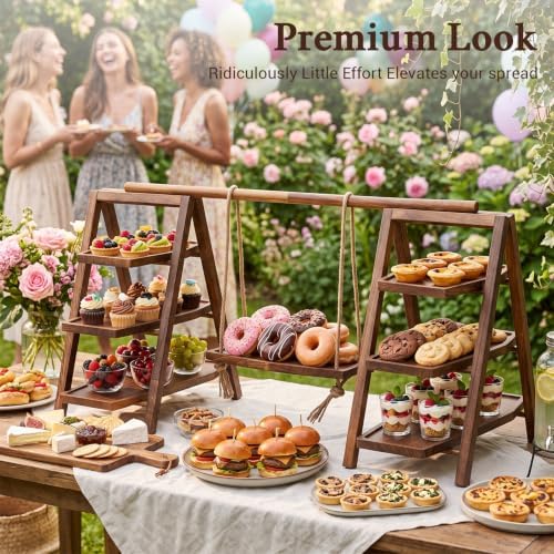 3 Tier Wood Ladder Cupcake Stand Serving Tray Wood 3 Tier Foldable Serving Tray Set of 2 - Image 2