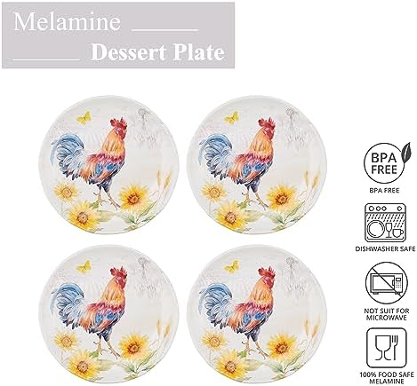 UP Sunshine Rooster Melamine Round Dessert Plates, Small Serving Plates, for Appetizer, Snacks, and Side Dishes, Multicolor, 6 Inch, Set of 4 - Image 2