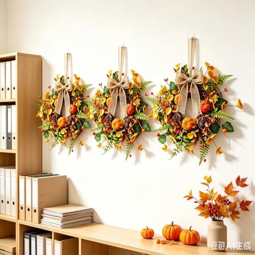 10 PCS Mini Fall Wreaths for Kitchen Cabinets Small Fall Hanging Wreath with Pumpkins Pinecones Berries Eucalyptus Thanksgiving Wreath for Front Door Window Cabinet Farmhouse Decor - Image 4