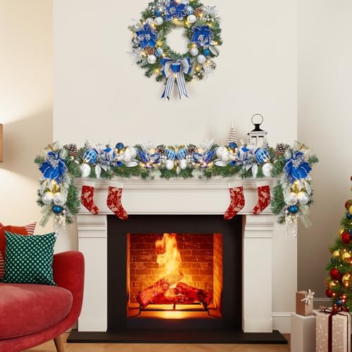 Garvee 6 Ft Christmas Garland with Lights for Mantle, Blue Silver - Image 6